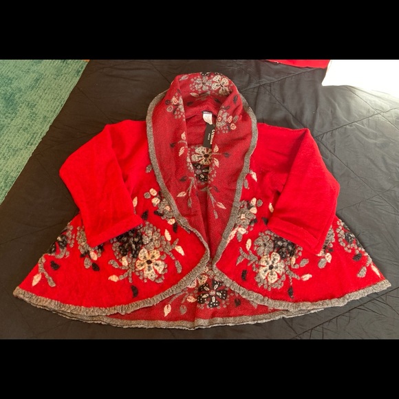 Red and white floral embroidered wool blend jacket - Picture 2 of 2